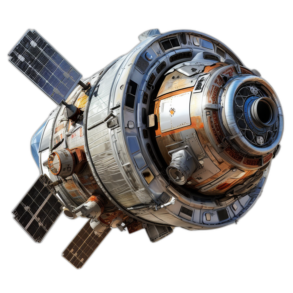 A realistic photo of an old soviet space station in orbit, isolated on black background, full body view, wide angle shot