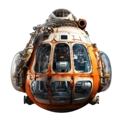 detailed photo of an orange and white space pod with lots of glass windows, concept art in the style of [Chris Foss](https://goo.gl/search?artist%20Chris%20Foss), seen from above on a black background, with no people and rusty metal details, rendered in a hyper realistic style