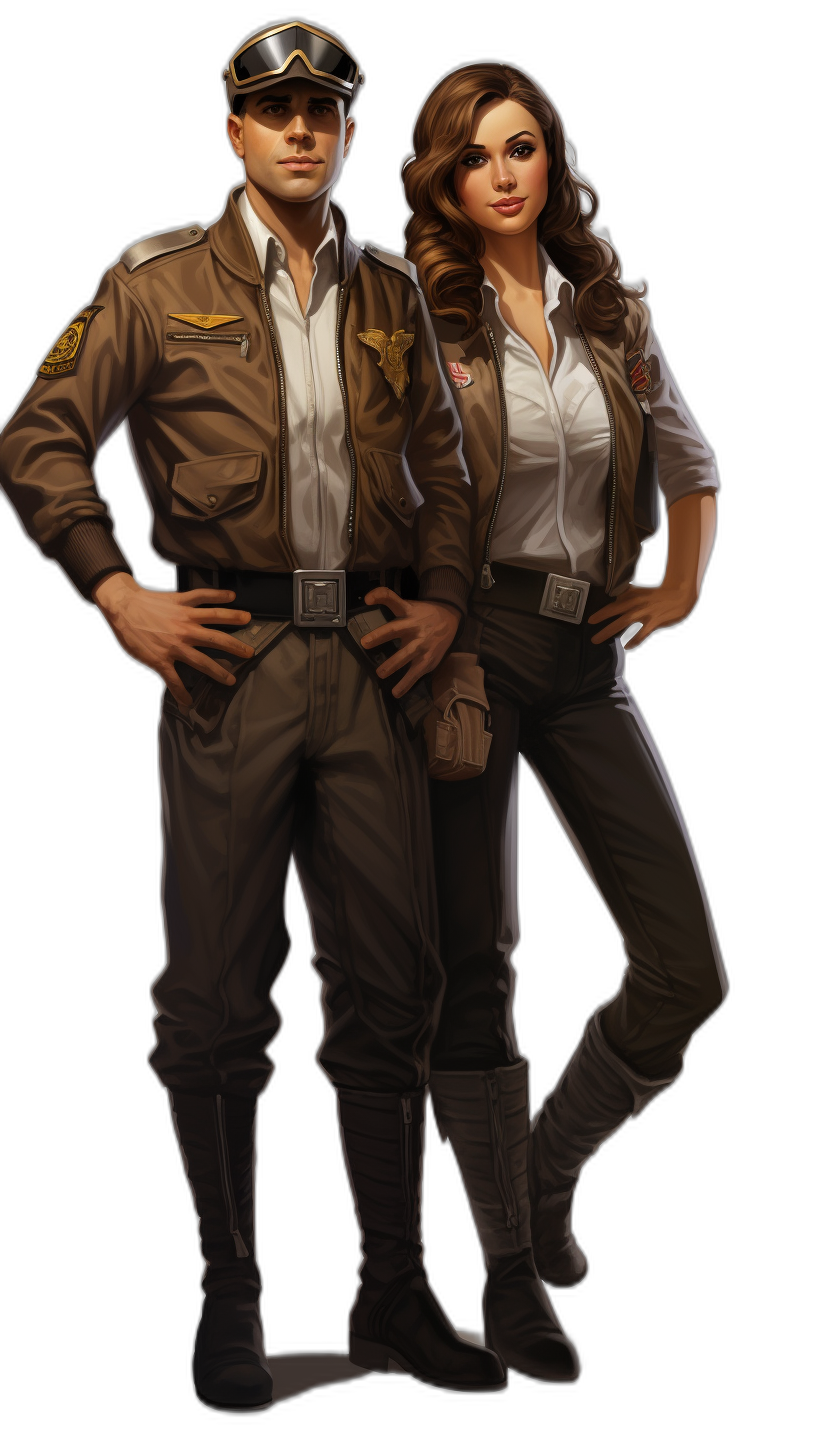 realistic concept art of an attractive female pilot and her handsome male copilot standing side by side, full body portrait, black background, character design for game asset, she is wearing a brown bomber jacket with a white shirt underneath, he wears a flight officer uniform in the style of an officer.