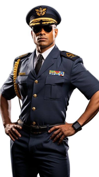 A black man in his late thirties dressed as an Air Forcemetallic blue uniform with white stripes on the sleeves, aviator sunglasses and hat. He has short hair styled straight back and tied into one ponytail, he is standing at attention, hands resting gently on hips, black background, full body portrait, hyper realistic photography, studio light