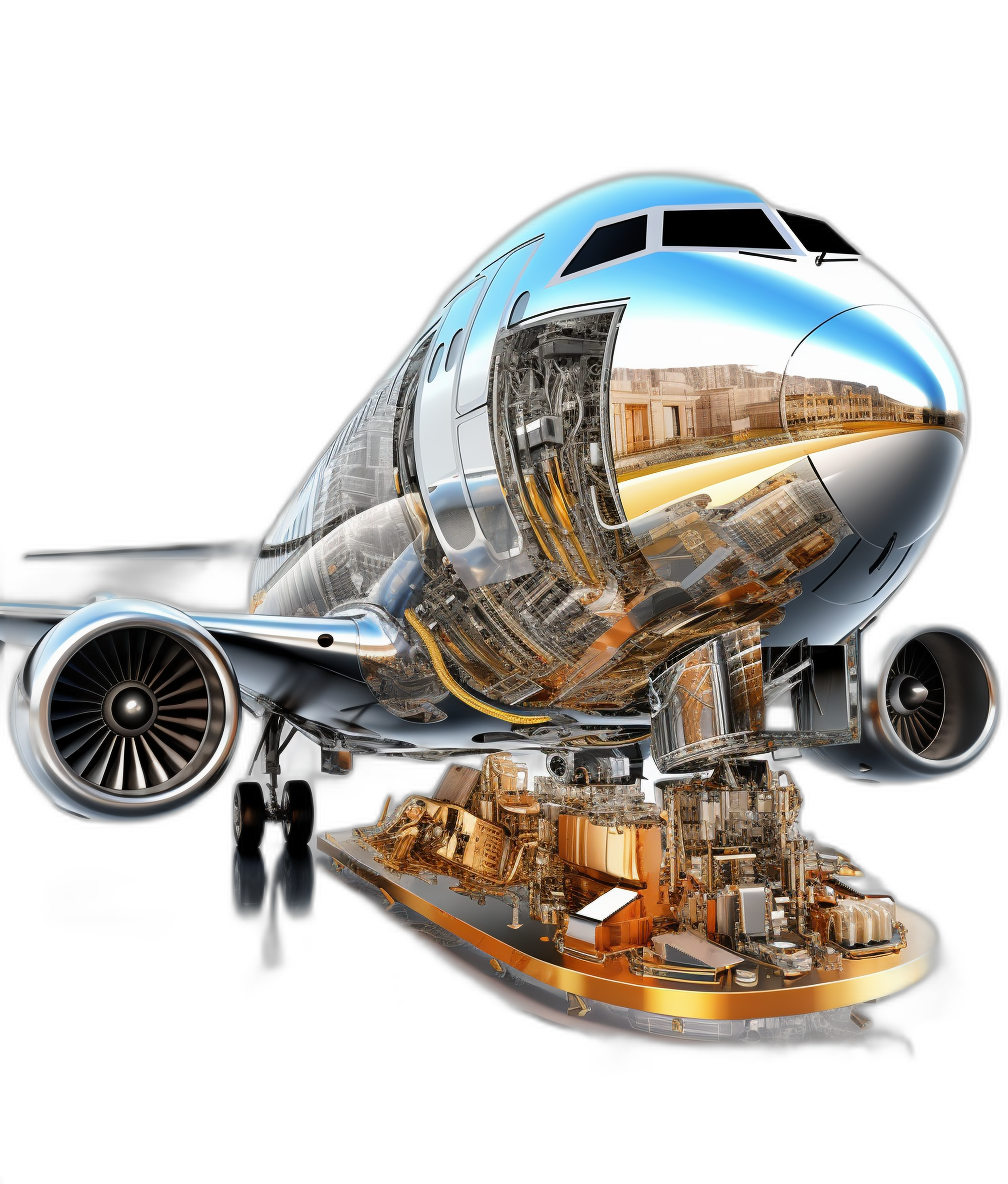 A photorealistic image of an airplane cutaway showing the inside with a city and buildings, with chrome metal textures, on a black background, in the style of photo realism, bright and vibrant colors, high resolution, in the style of hyperrealism, wide angle.