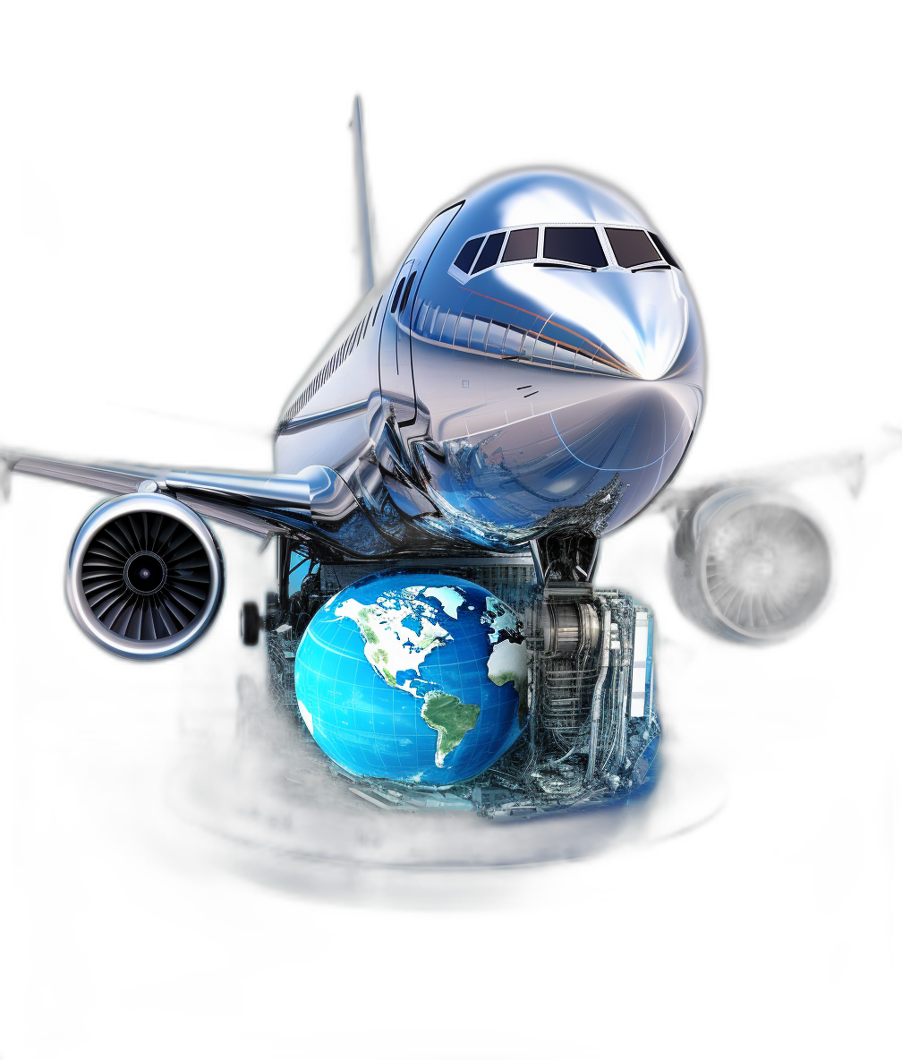 3d airplane with globe and engine on the bottom, isolated in black background, metallic reflection, glass texture, global business concept