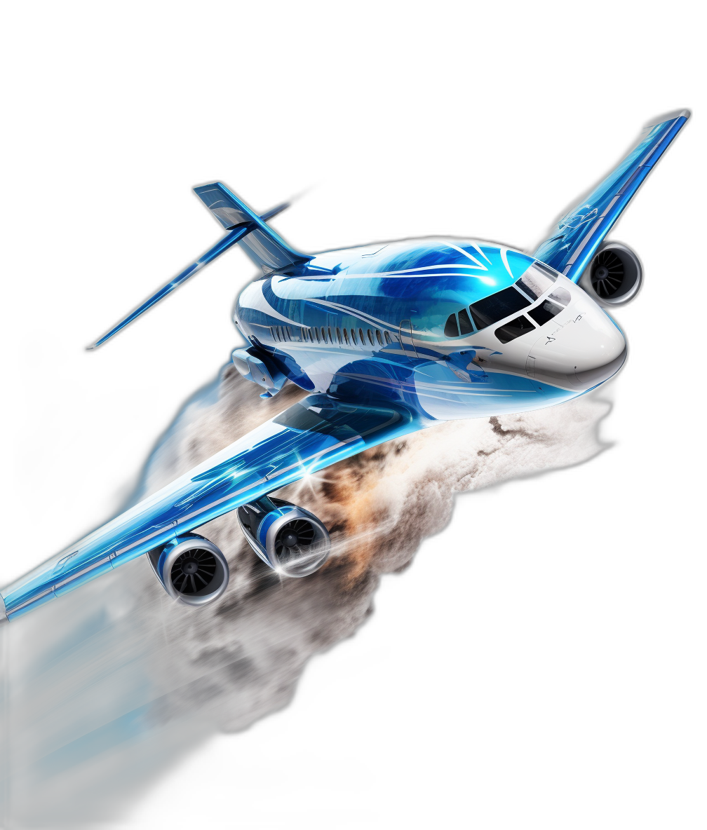 3D render of a blue and white airplane flying fast on a black background, with smoke behind the plane in the style of cartoon, as a vector illustration in the airbrush art style and watercolor, with very detailed and cinematic lighting, of the best quality on a black background and isolated at high resolution.