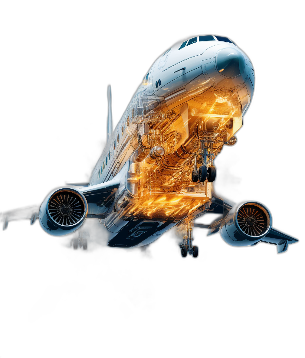 An airplane with an engine cutaway, showcasing the internal working surfaces of its powerful engines against a black background, illuminated by bright orange light, creating intricate details and depth in high resolution. The image is in the style of an technical illustration.