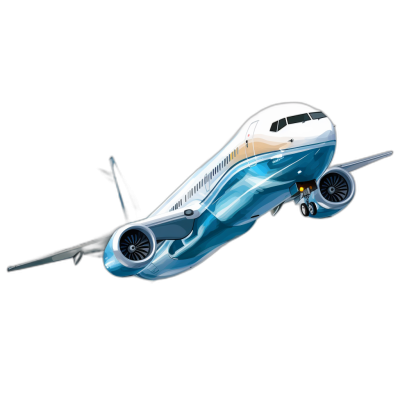 3D rendering of a boeing or airbus airplane flying in the sky in the style of cartoon, isolated on a black background, with turquoise and blue colors.