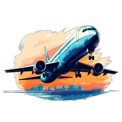 tshirt design, vector contour, boeing737 taking off from the airport, dreamy sky and city background, vibrant colors.