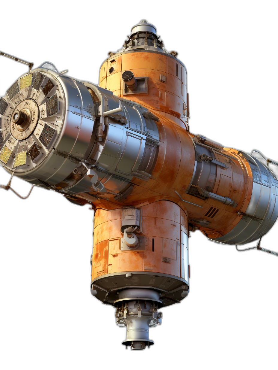 A highly detailed, realistic render of the soviet space station with orange panels and silver pipes, floating in black background. It is made from metal and has an industrial look. The scene should have dramatic lighting to highlight its intricate details and textures. Rendered using Cinema4D software with Octane renderer on isolated white background.