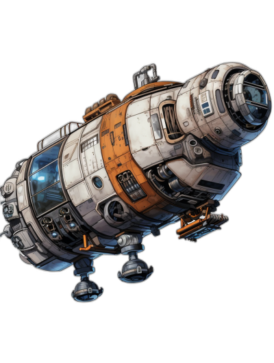 side view of spaceship in the style of metal slug, floating on black background, digital art by blizzard and warcraft, detailed character design, white orange brown grey silver blue color palette, comic bookinfluenced, cyberpunk realism, rtx on