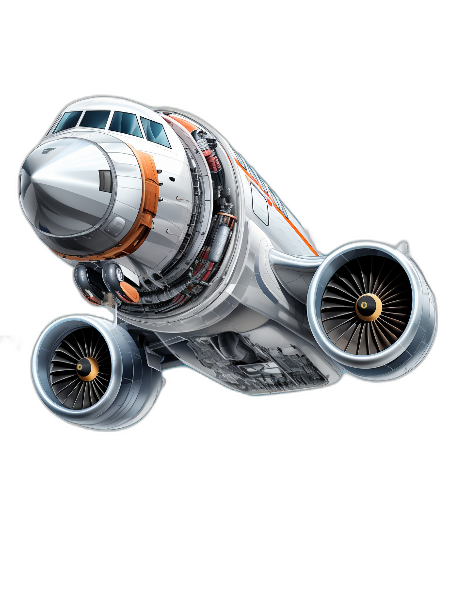 A white and orange passenger plane with engine parts shown in the style of a cutaway diagram, with a detailed illustration against a black background, featuring a hyperrealistic sci-fi style, in high resolution, with a cartoonishly realistic closeup shot and an anime-inspired aesthetic.