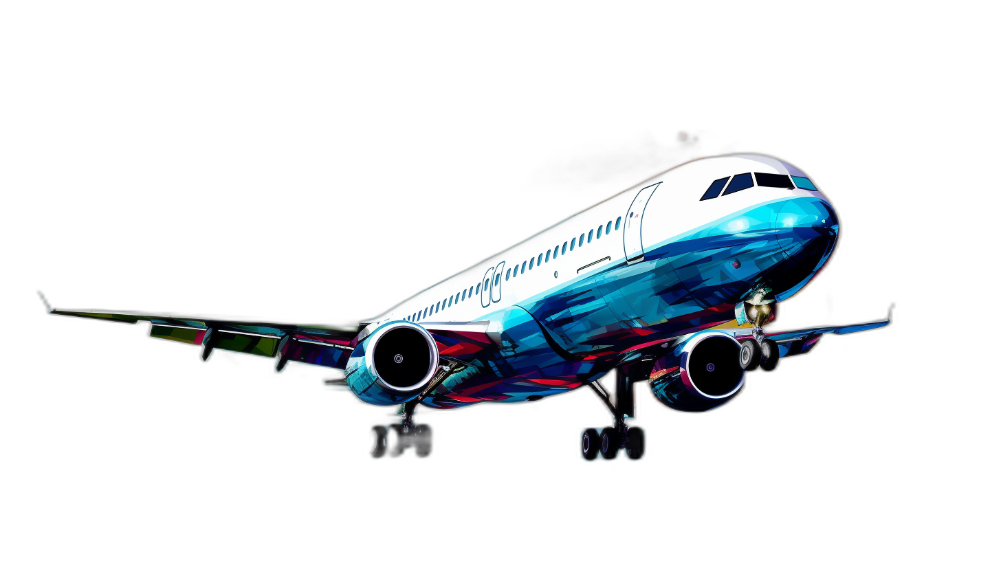 A white and blue passenger plane is flying in the air in the style of colorful light painting, with a black background and front view. Dark gray and red colors are used, in the style of Tatsuya Tanaka with C4D rendering in a surrealism style. It is a full body shot with a wideangle lens at high resolution.