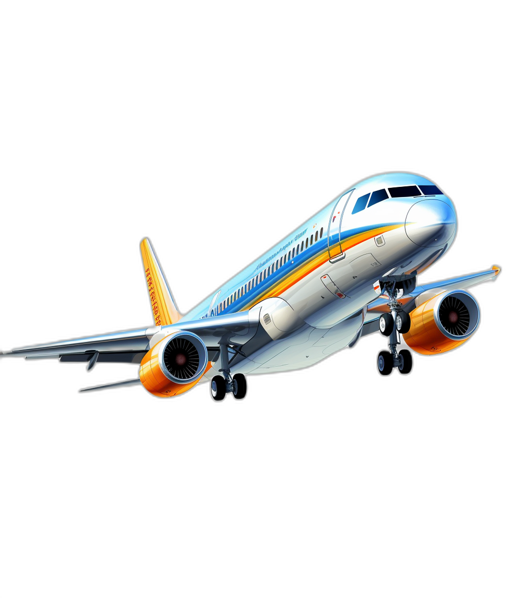 Realistic illustration of an airplane in flight against a black background in the style of a cartoon, 3D rendered in the shape of a color palette using blue, yellow and orange with accents, vector art in a simple design with a white outline on a solid black background with high contrast.