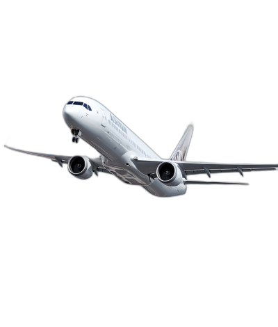 Realistic photograph of complete white airplane flying in the air, solid stark black background, focused lighting