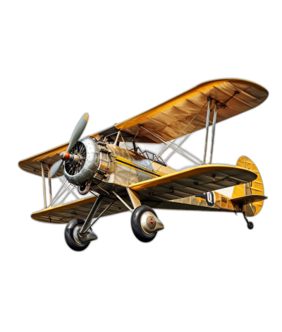 A vintage biplane with yellow and white livery, flying against a black background. A photorealistic illustration capturing the historical charm of early propeller planes. The aircraft is in mid-flight, showcasing its classic design and intricate details. Soft lighting accentuates textures on the wings and tail in the style of su goerz graphic style.