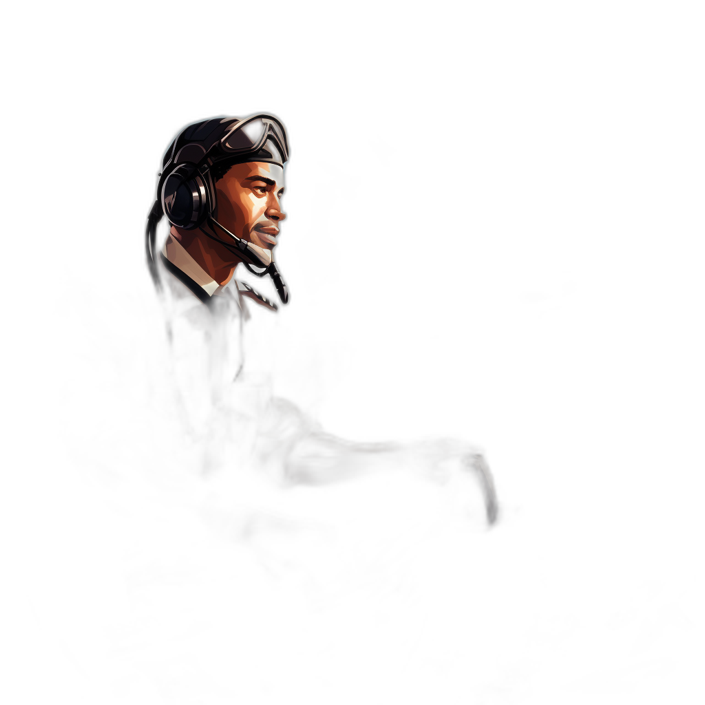 side view of an airfield service technician wearing headset sitting in the shadows on black background, digital art style