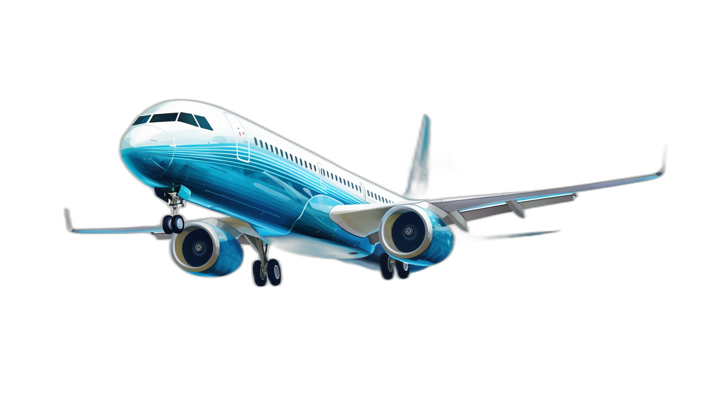 3d render of boeing airplane isolated on black background, cartoon style, simplified sketch, turquoise and blue colors with gradients, hard edges, solid white border