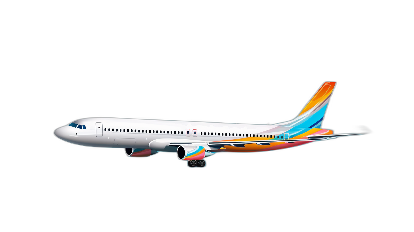 Realistic airplane with a colorful livery flying on a black background. The concept of air travel, business and vacation travel. An airplane side view in the style of a vector illustration.