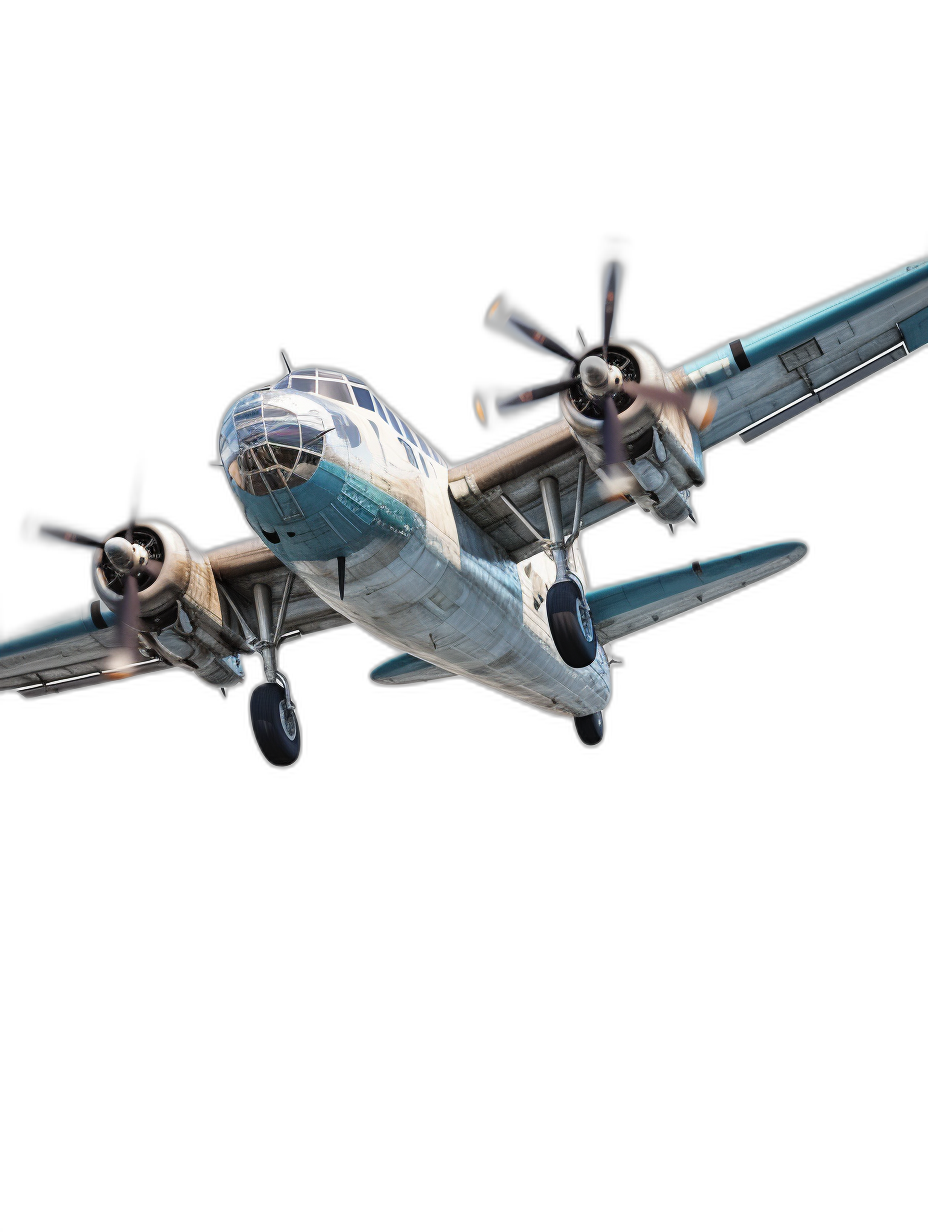 A photorealistic rendering of an old airplane flying against black background. The plane is white with blue and green accents, featuring two engines on its sides. It has four propellers that add to the vintage feel. This depiction captures the historical essence of air travel in retro fashion.