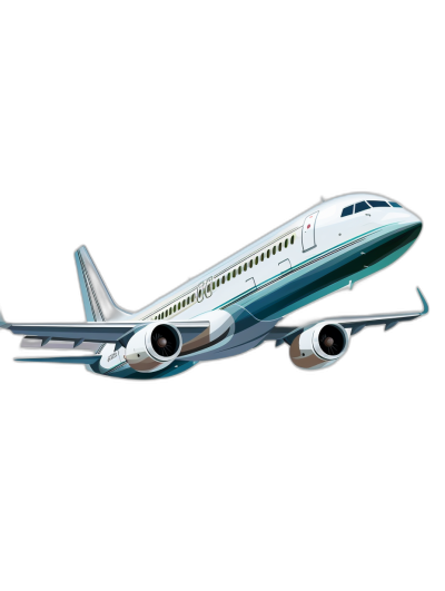 A white and teal passenger airplane flying in the air, vector illustration style, simple flat color background, cartoon style, high resolution, no shadows on black background, high detail, no shading details, vector graphics, no gradients,