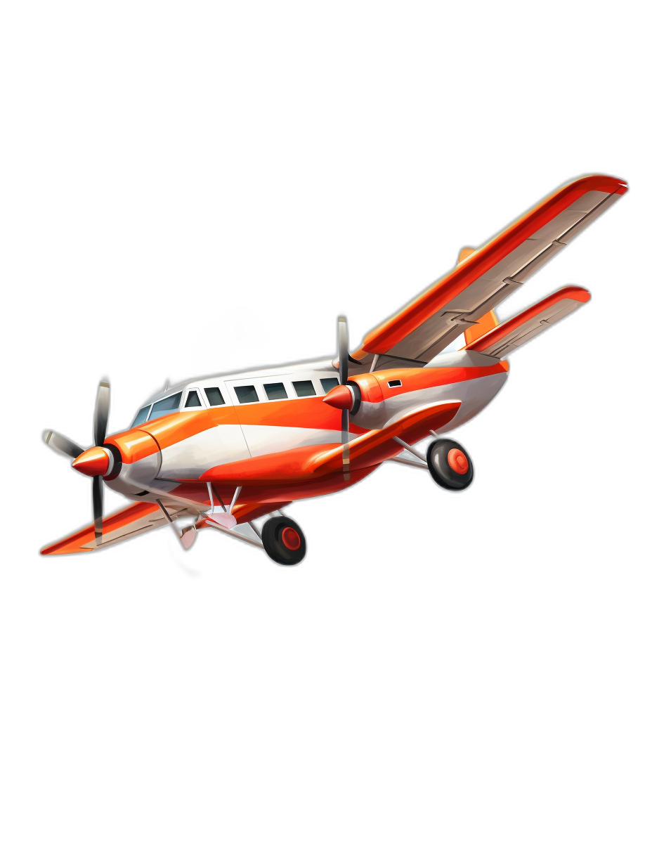 A small airplane with two engines, flying through the air in the style of a cartoon, with an orange and white color scheme against a black background, in the style of a game icon design, with a 3D rendering effect.