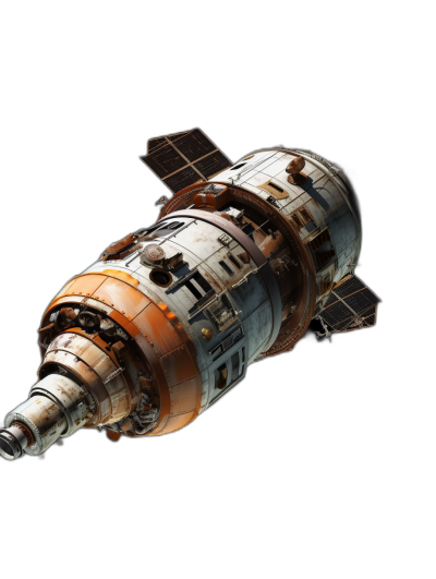 3d render of the apollo era space station floating in black background, rusted and worn down with no human activity on it for years, shot from above, photorealistic, hyper realistic, cinematic, octane render, 50mm lens, HDR lighting,