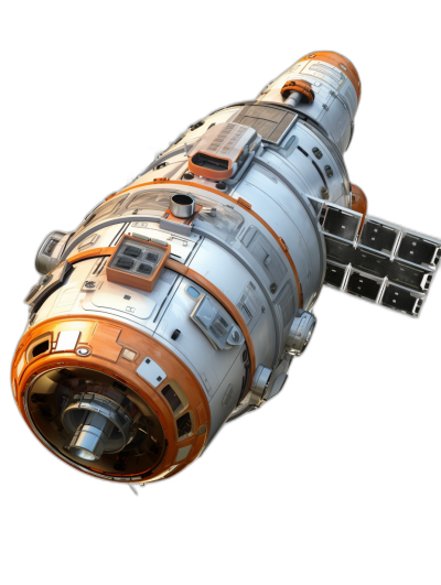 A space station with an orange and white color scheme in the style of octane rendering on a black background, with high resolution and high detail photography in a hyper realistic style.