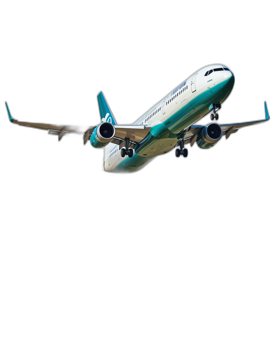 A realistic photo of an airplane flying, teal and white livery on black background, full body shot, high resolution photography