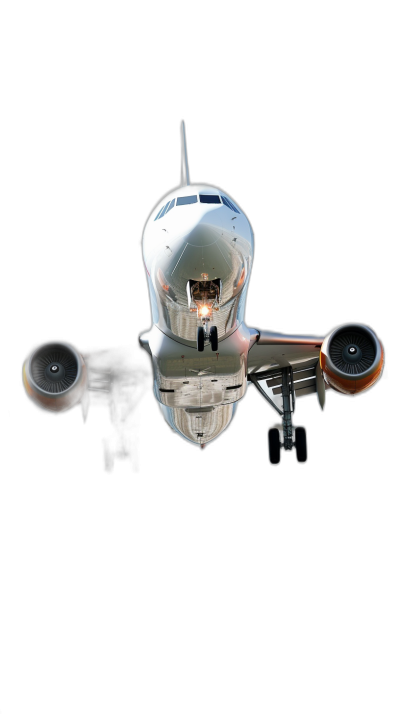 A photo of an airplane taken from the ground, the plane is flying directly at you and its headlights can be seen in the style of front on its face, black background, high resolution, high detail, hyper realistic.