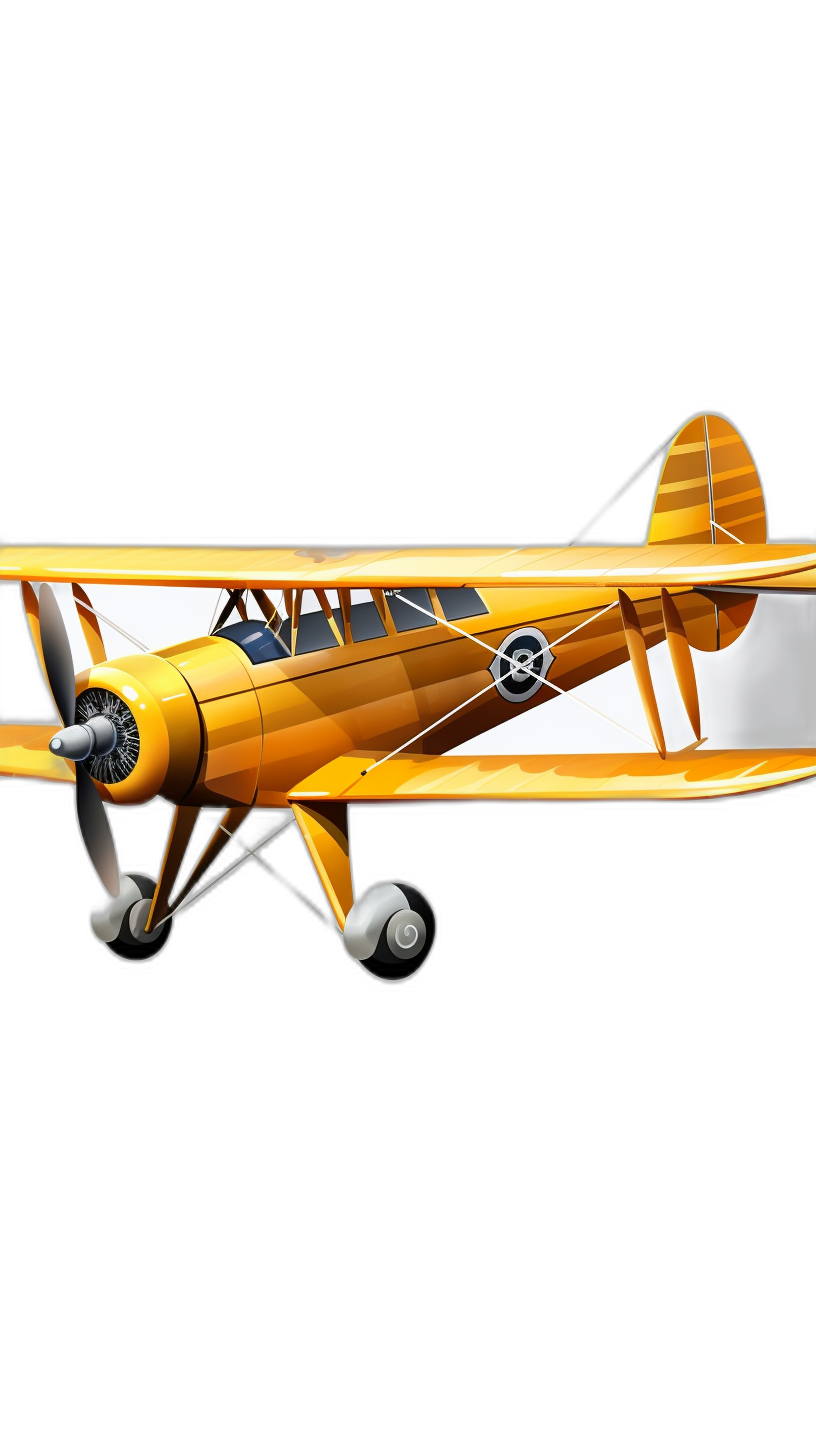 3D cartoon yellow biplane with a black background in the style of Pixar and in the style of Disney with a low angle shot and no shadows on the plane body, cute airplane