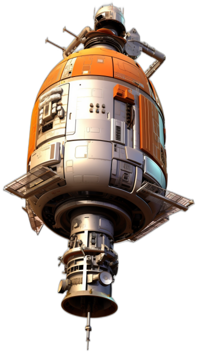 A small spherical space station with an orange and white exterior, designed by Giger, with large mechanical components that protrude from its surface. Black background. Star Wars style