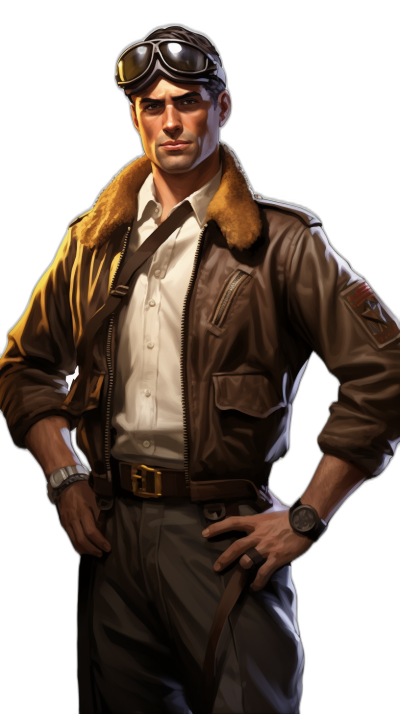 high quality, highly detailed portrait of an American world war two pilot wearing brown leather jacket with fur collar and white shirt underneath and black pants, hand on hip pose, goggles around his neck, 2d game art style, digital painting, dark background,