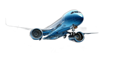 3d render of an airplane with blue translucent plastic on black background, the engine is seen from behind and has circular wheels, the plane flies in perspective