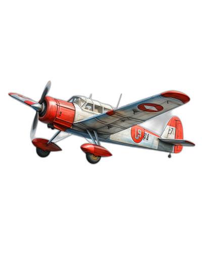 A vintage Japanese biplane in flight, with red and white livery, illustrated on a black background, with no text or letters, in the style of a cartoon, with high resolution and clear colors, in the style of vector art, with no shadows, gradients, outlines, textures, or realistic details, no background, shading, highlights, reflections, lighting, shadowing, gradients, textures, or gradient, no borders or shadows, and no transparent or transparent areas.