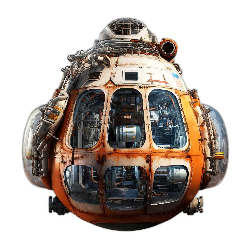 A highly detailed realistic photograph of an orange and white steampunk spaceship with many windows on a black background, isolated on the dark side, in the style of photorealistic and hyperrealism renderings, with volumetric lighting and a cinematic and sharp focus in the style of hyperrealistic and hyperdetailed renderings made with octane and the unreal engine.