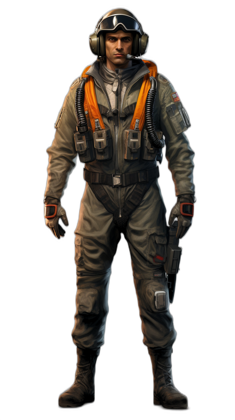 full body concept art of a military pilot wearing a grey and orange flight suit against a black background, in the style of a video game.