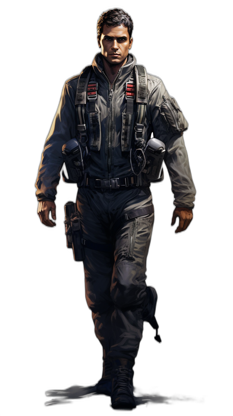 character concept art of the main character in an action game. He is athletic and has short dark hair, wearing a black flight suit with a grey jacket over it. A full body shot against a black background.