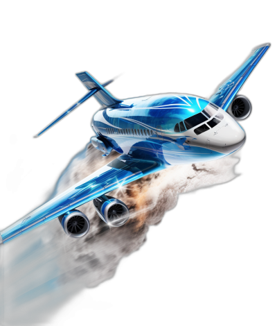 A blue and white jet airplane with smoke coming out of the engines is flying in front of an isolated black background, in the style of vector illustration, with cartoon realism and surreal details, as a high resolution illustration for an advertising company or graphic design studio.