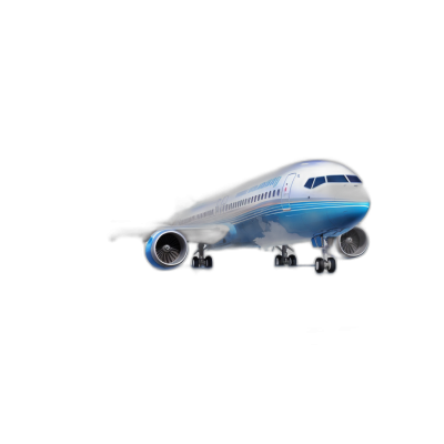 3D render of an airplane with a blue and white livery on a black background, shot from a low angle isometric view with studio lighting, high resolution photography, with insanely fine details of an isolated plane, in the style of stock photo.