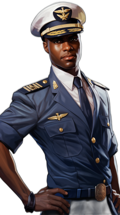 black male pilot, in a uniform with a white dress shirt and navy blue jacket, wearing a captain's hat, character art for a mobile game, full body portrait, black background, art style in the style of Hearthstone artwork in the style of [Magali Villeneuve](https://goo.gl/search?artist%20Magali%20Villeneuve)