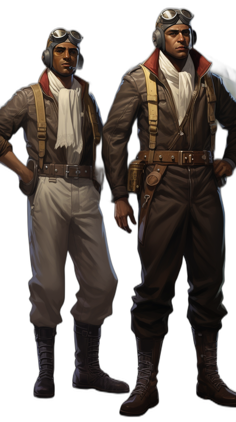 concept art of two young black men as WW2 bomber pilots, wearing white and brown uniforms with goggles on their heads and dark shoes boots, full body view, black background