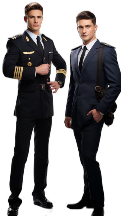 two handsome men in navy suit and pilot uniform, one with short hair the other long curly brown hair, full body shot, black background, photorealistic