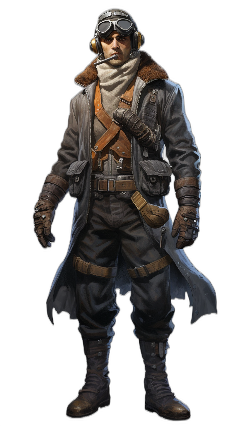 character concept art of an old world war pilot with leather coat and goggles, full body character design on black background, in the video game style art of World War II bomber crew