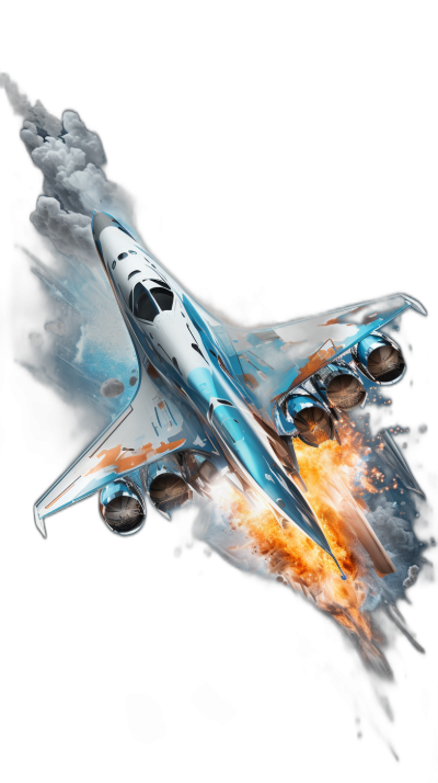 side view of blue and white Russian jet fighter with burning engine, vector art on black background