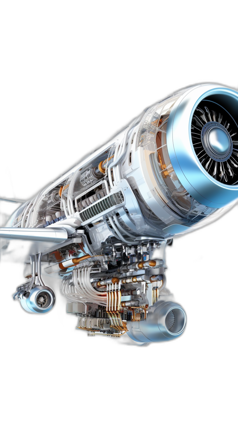 Realistic photo of an airplane engine with the same size and shape as on a black background, flying in space in a cross-section view, with white light inside the engine, colorful, with high detail, in the style of hyperrealism, with hyperdetailed, in the style of hyperphotorealism, with hyperfine details, with hypercrisp focus, in the style of hypersaturated colors, with hyperbright lighting, with hypersaturated colors, with hyperbright lighting, in the style of hypercontrast, in the style of hypersketch.