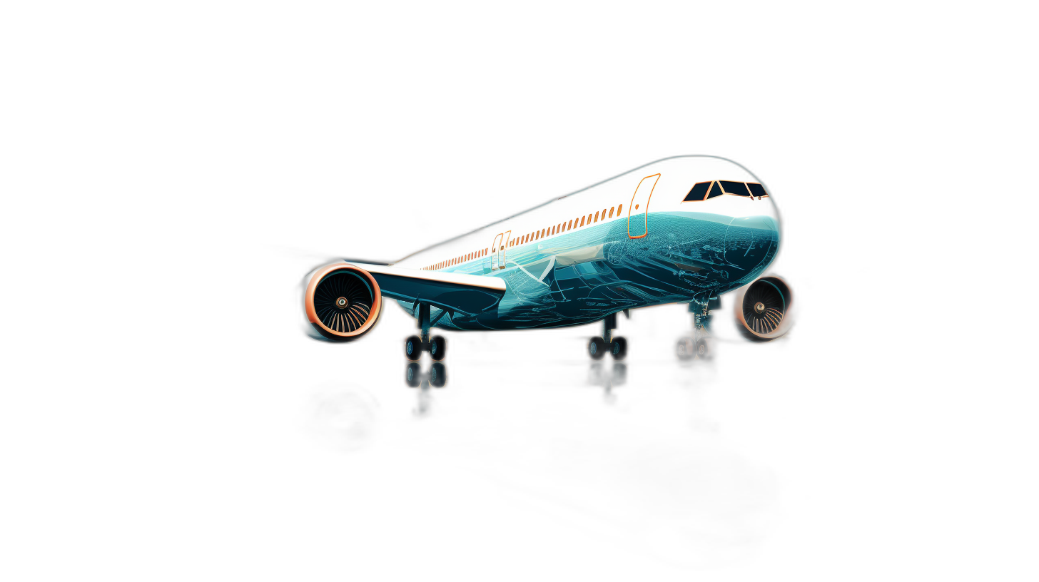 3D rendering of an airplane with holographic wheels on a black background, viewed from the side, featuring a glowing light blue and orange color palette in the style of a minimalistic design in the style of a 2D illustration style.