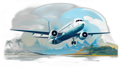 cartoon style, an airplane taking off from an airport runway, a blue and white color scheme, a tropical island landscape in the background, a black sky with moon, in the style of cartoon vector art, high resolution, high detail, high quality, colorful