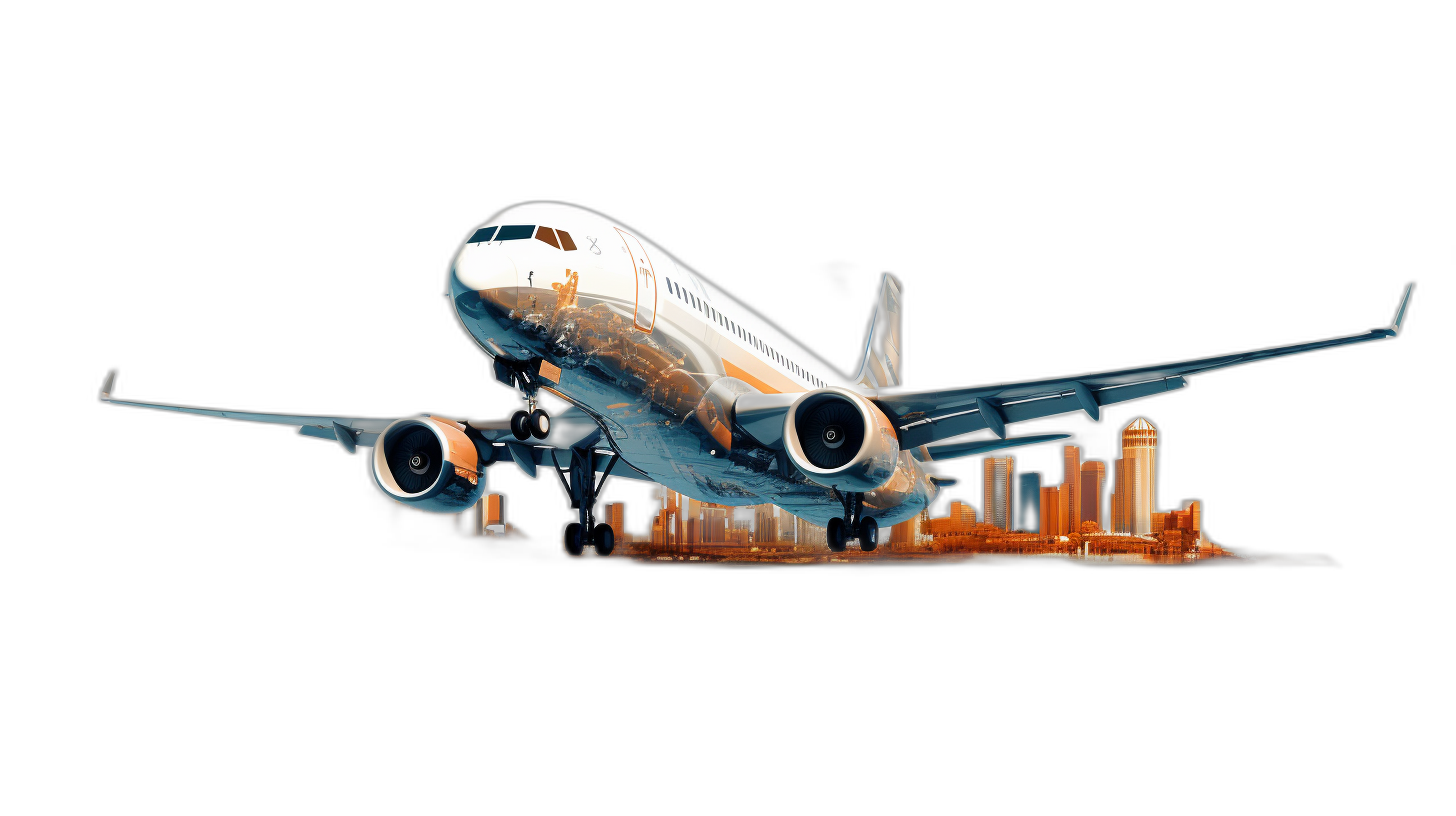 A double exposure illustration of an airplane with the cityscape on its sides, isolated black background , full body shot