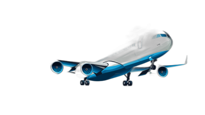 A graphic of an airplane in flight, with the left engine emitting smoke and the right wing missing. The plane has blue details on its body against a black background. Done in a cartoon style using vector graphics.