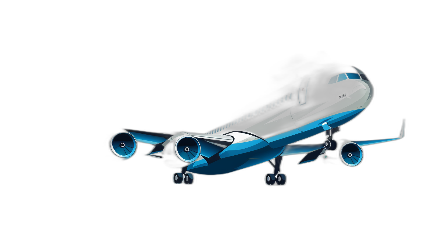 A graphic of an airplane in flight, with the left engine emitting smoke and the right wing missing. The plane has blue details on its body against a black background. Done in a cartoon style using vector graphics.