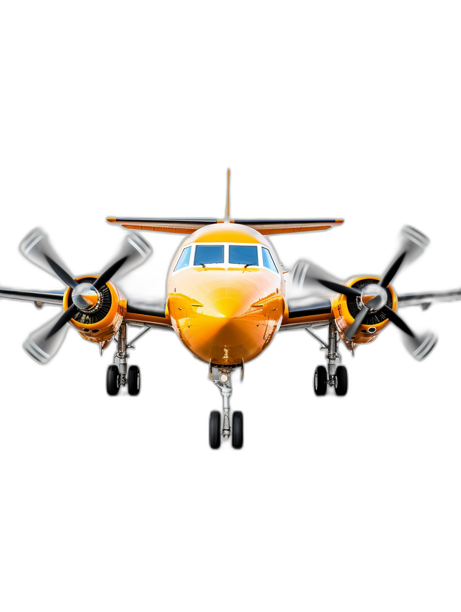 A photorealistic image depicts an orange and yellow airplane with four propellers flying in the air against a black background. The plane is centered on the canvas, illuminated in the style of studio lighting that highlights its sleek design and vibrant color scheme. This high-quality photograph captures every detail of both the aircraft and surrounding darkness for commercial use.