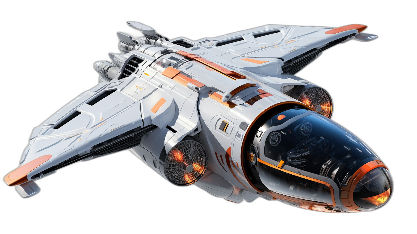 3D render of spaceship, white with orange details, on a black background, created in the Unreal Engine, with hyper detailed, high resolution textures.